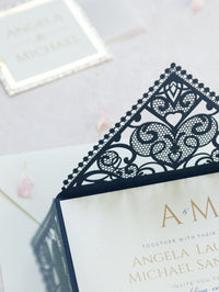 Navy Blue Elegant Wedding Invitations with Cream Insert and Gold Glitter