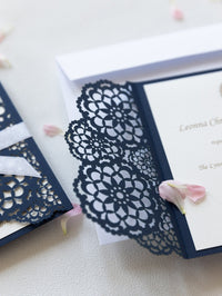 Elegant Navy Blue Wedding Invitations - Laser cut Floral Invitation with Cream Insert