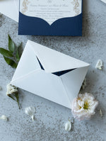 Royal Blue Laser Cut Pocket Wedding Invitations Gold Foiled Insert