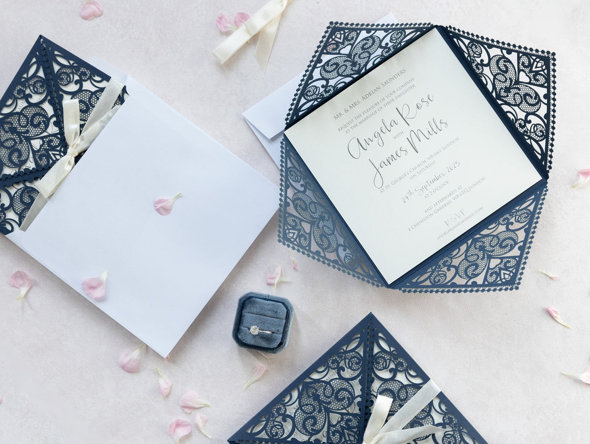 Invitations Wedding Invitation Cards Laser Cut with Cream Lace + Envelope Elegant Navy Blue Satin Ribbon Wedding Invitations Birthday