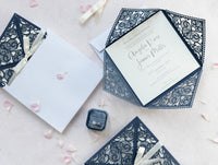 Invitations Wedding Invitation Cards Laser Cut with Cream Lace + Envelope Elegant Navy Blue Satin Ribbon Wedding Invitations Birthday