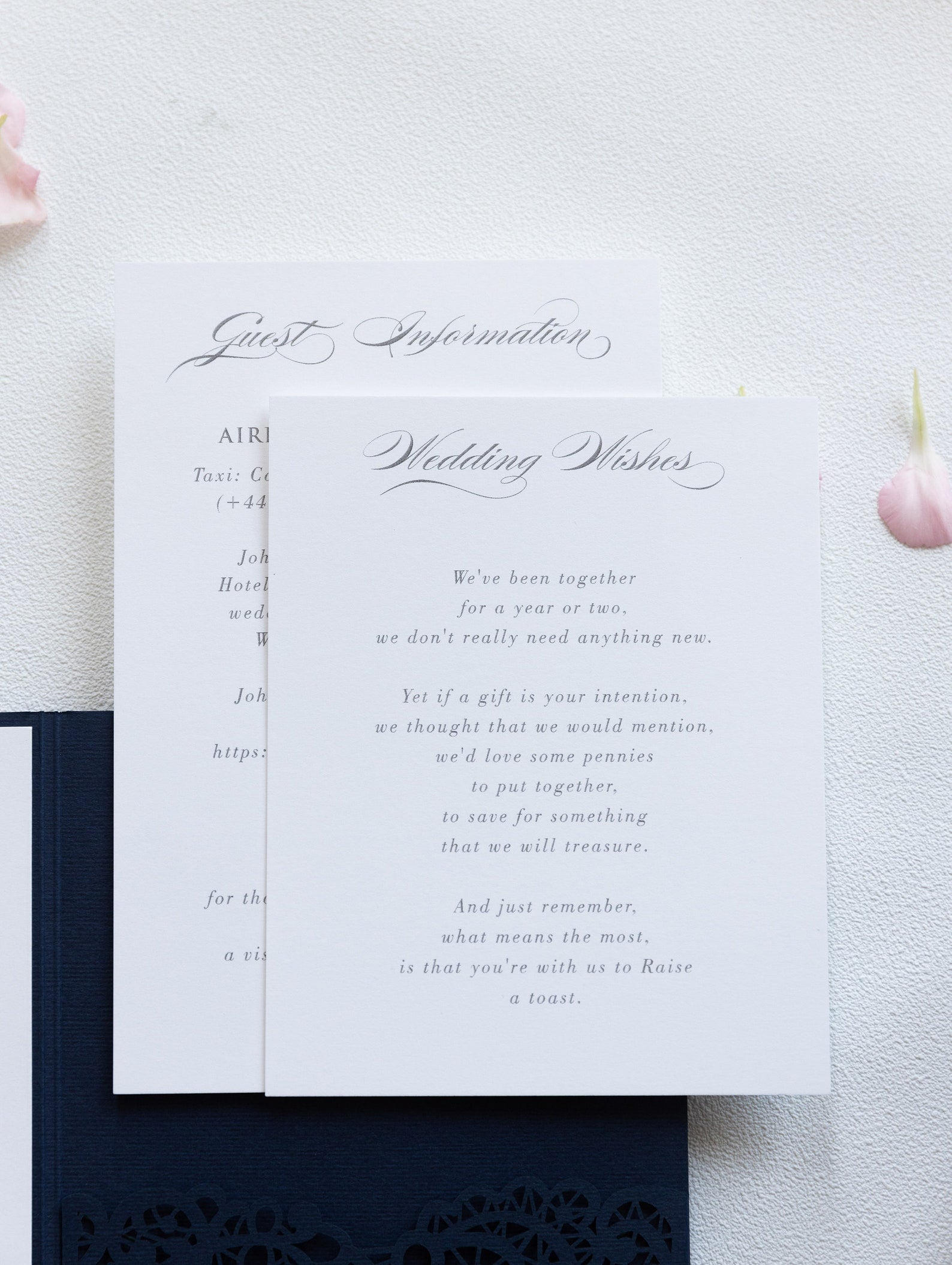 Navy Blue Pocketfold Lace Floral Wedding Invitations