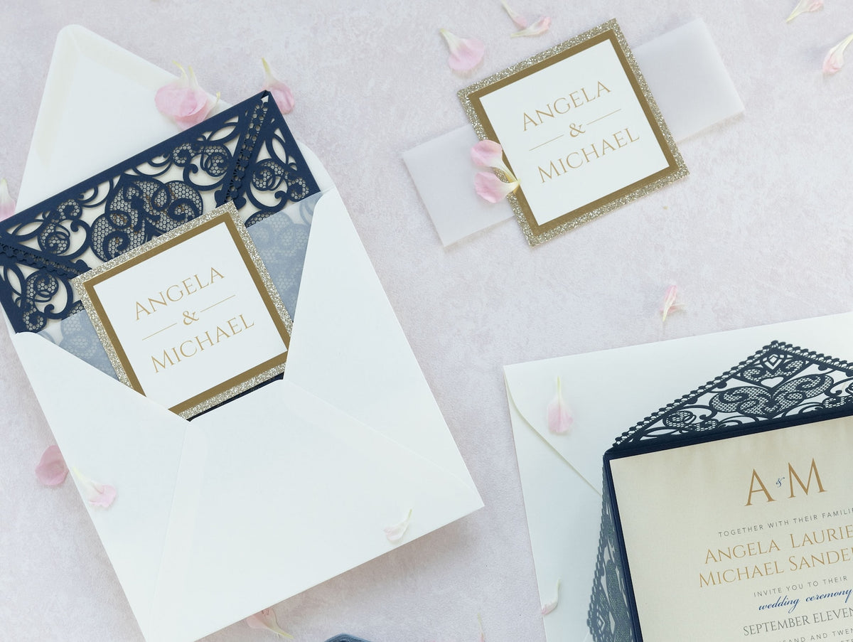 Navy Blue Elegant Wedding Invitations with Cream Insert and Gold Glitter