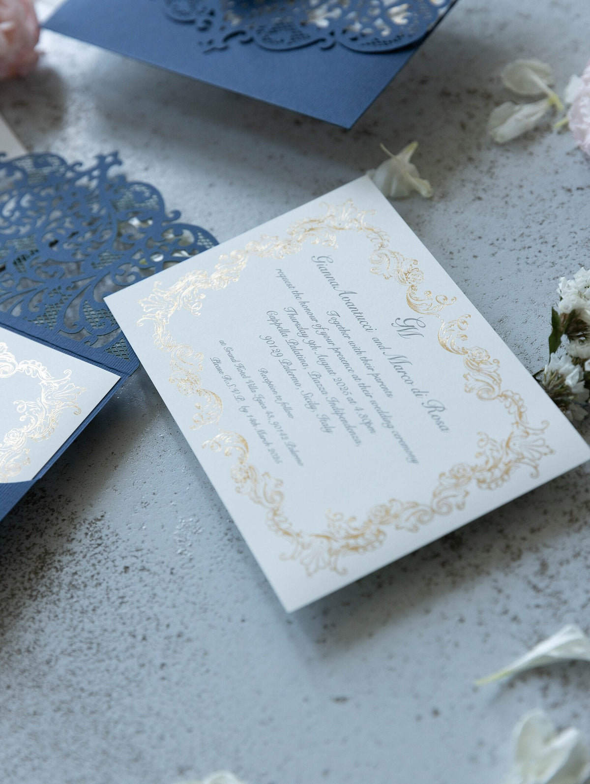 Royal Blue Laser Cut Pocket Wedding Invitations Gold Foiled Insert