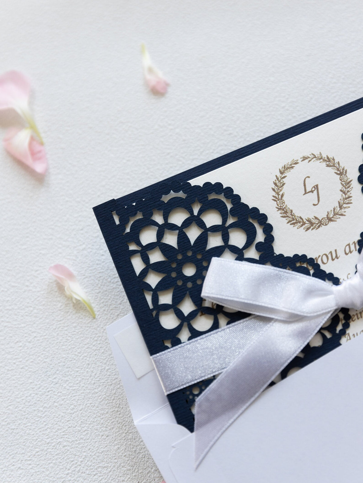Elegant Navy Blue Wedding Invitations - Laser cut Floral Invitation with Cream Insert