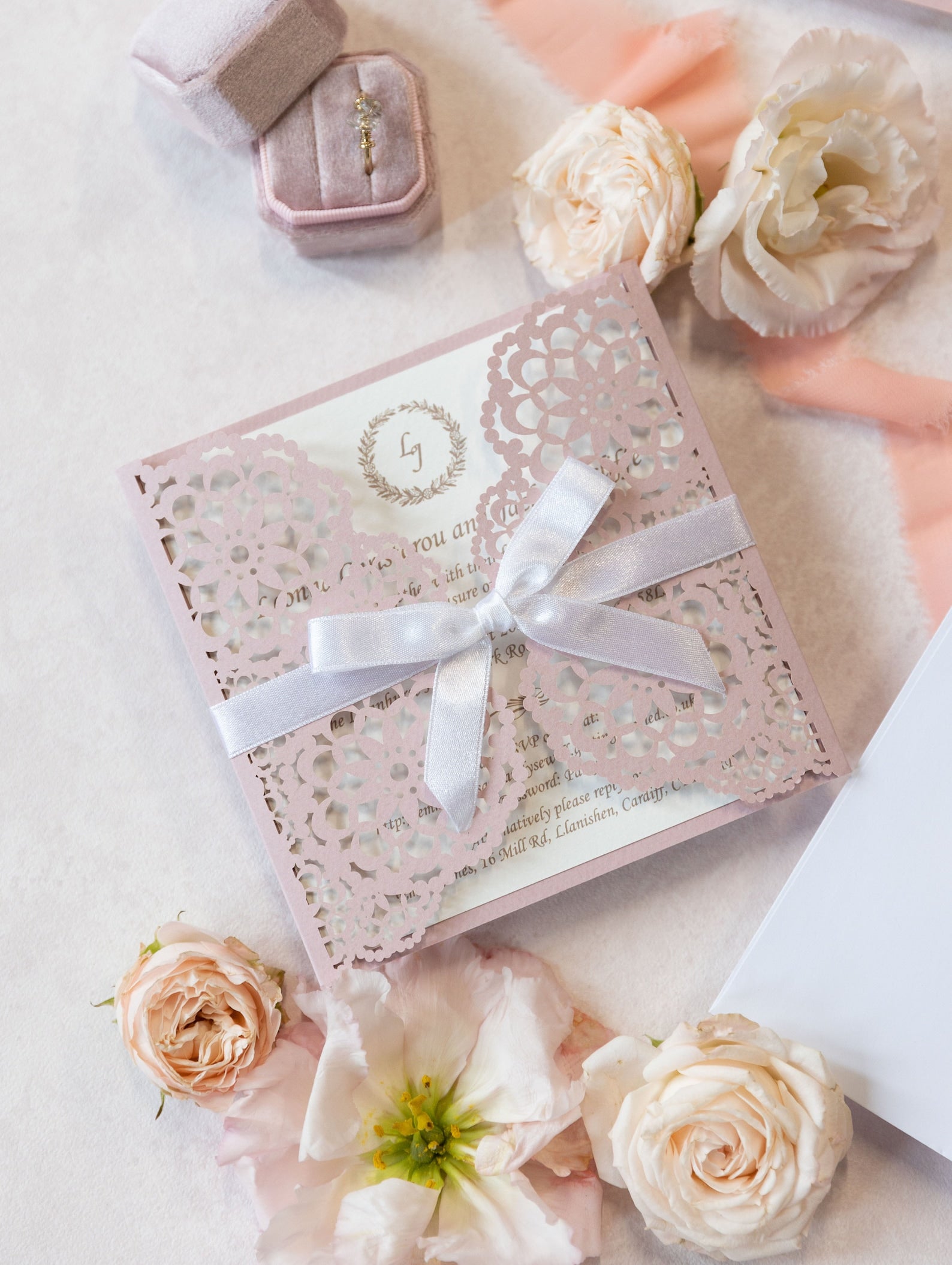 Elegant Pink Wedding Invitations - Laser cut Floral Invitation with Cream Insert