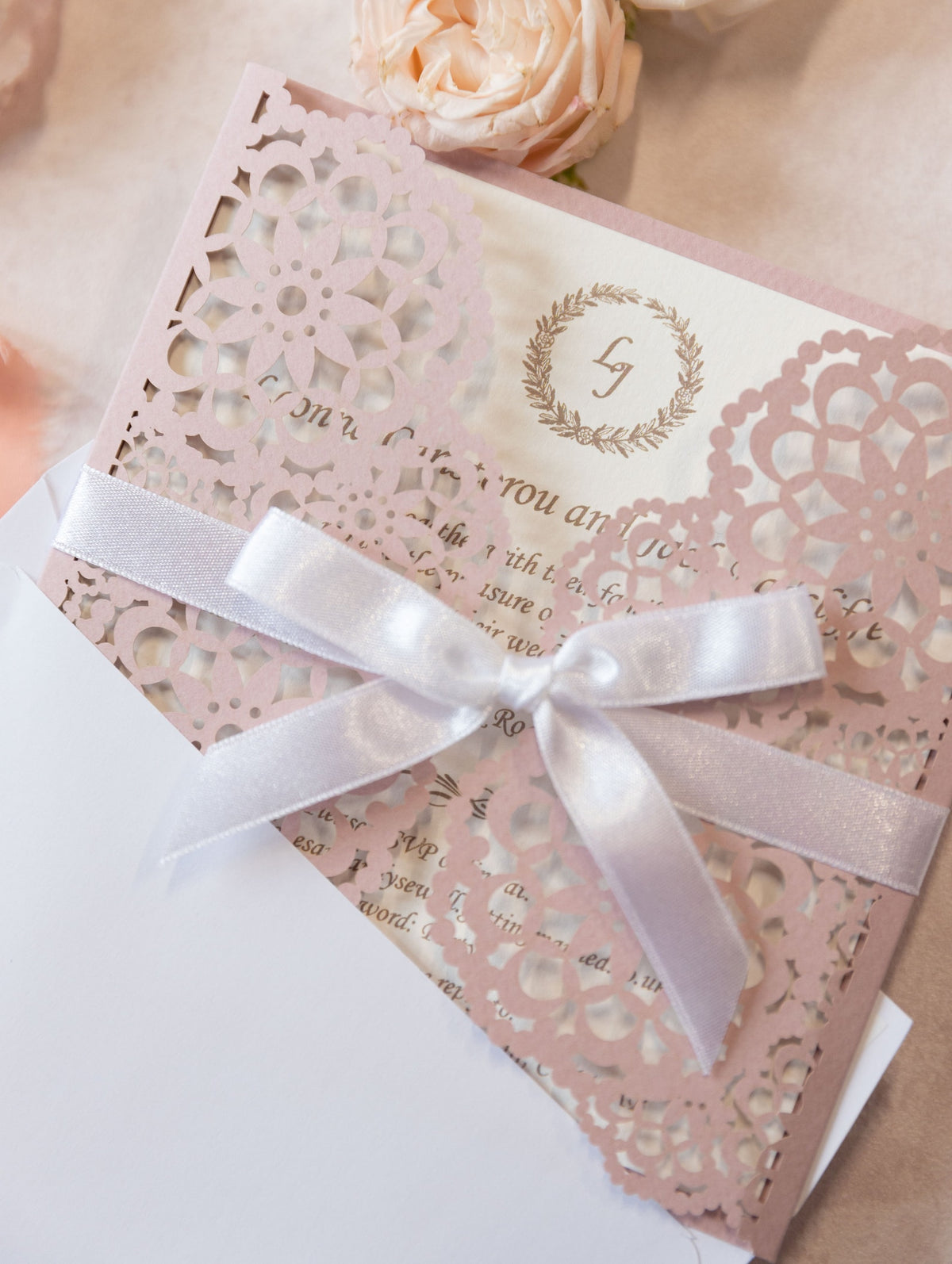 Elegant Pink Wedding Invitations - Laser cut Floral Invitation with Cream Insert