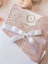 Elegant Pink Wedding Invitations - Laser cut Floral Invitation with Cream Insert