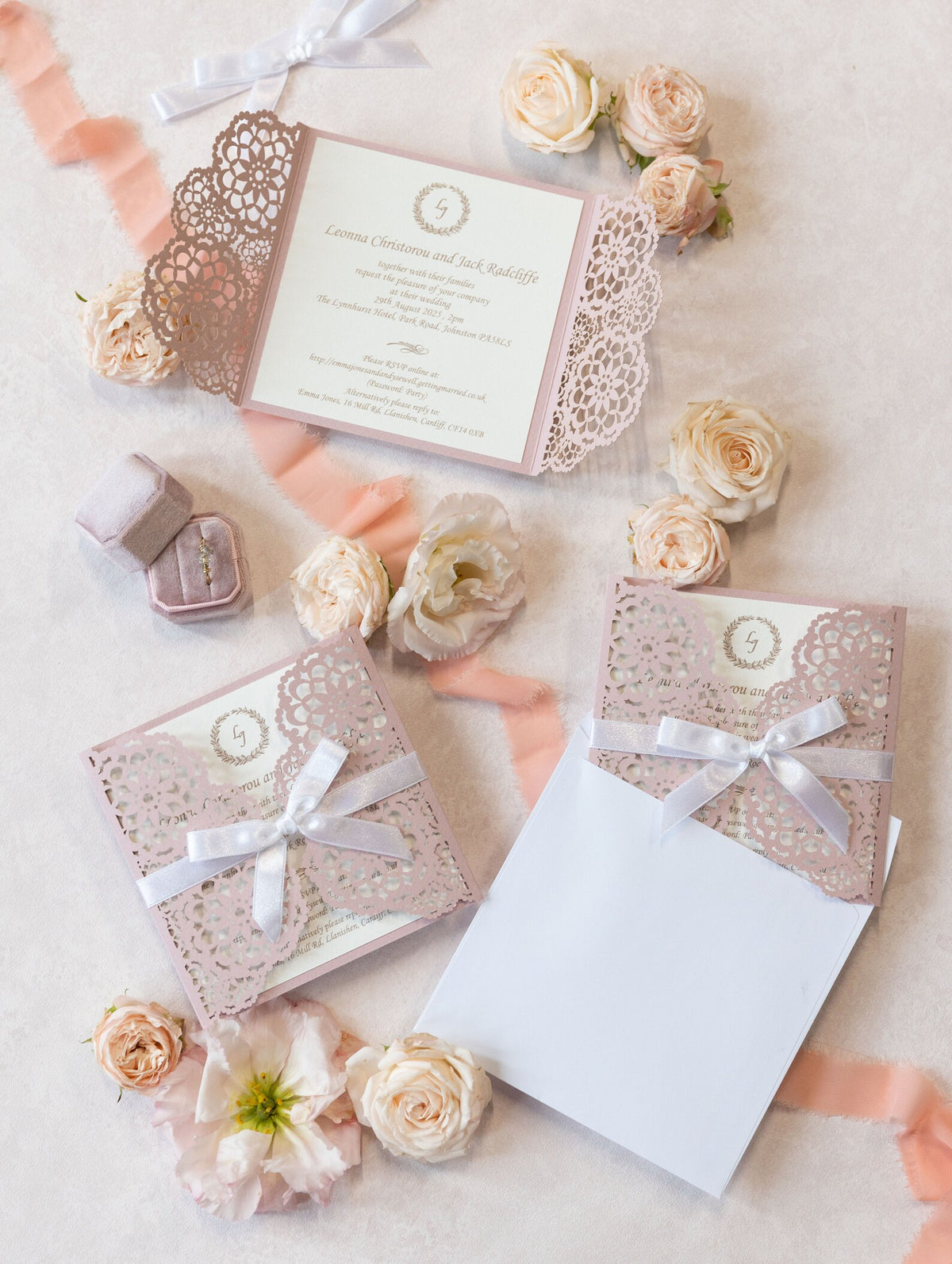 Elegant Pink Wedding Invitations - Laser cut Floral Invitation with Cream Insert