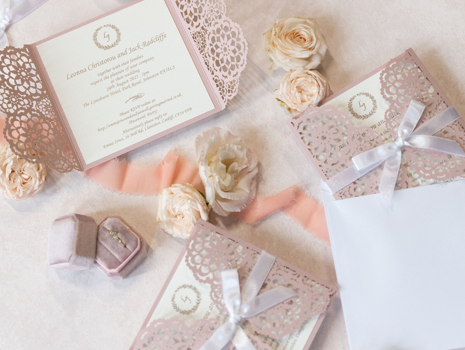 Elegant Pink Wedding Invitations - Laser cut Floral Invitation with Cream Insert