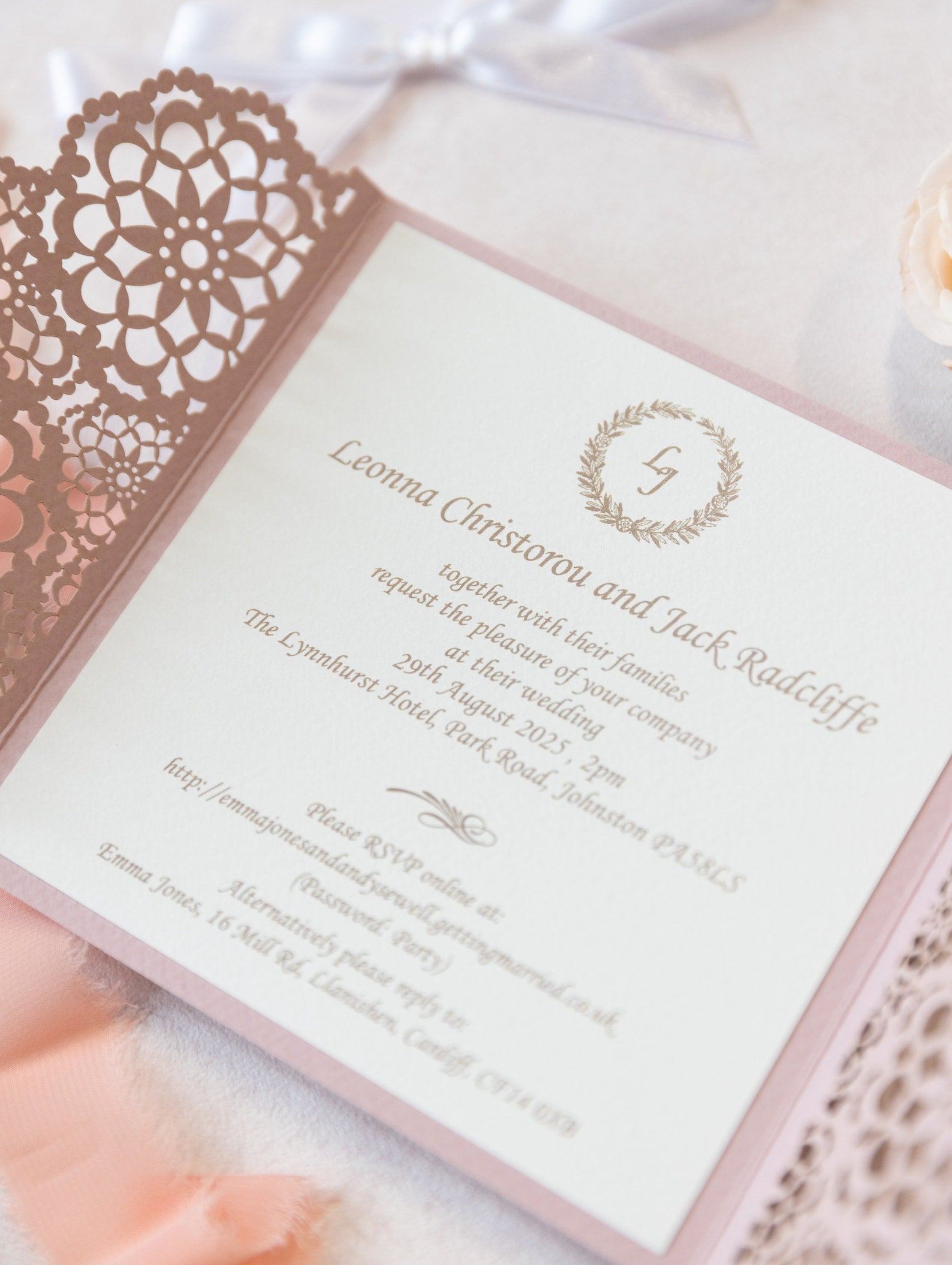 Elegant Pink Wedding Invitations - Laser cut Floral Invitation with Cream Insert