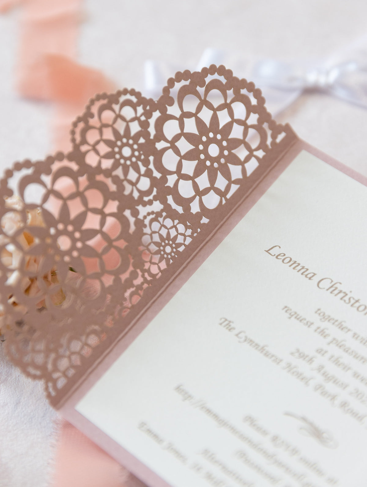Elegant Pink Wedding Invitations - Laser cut Floral Invitation with Cream Insert