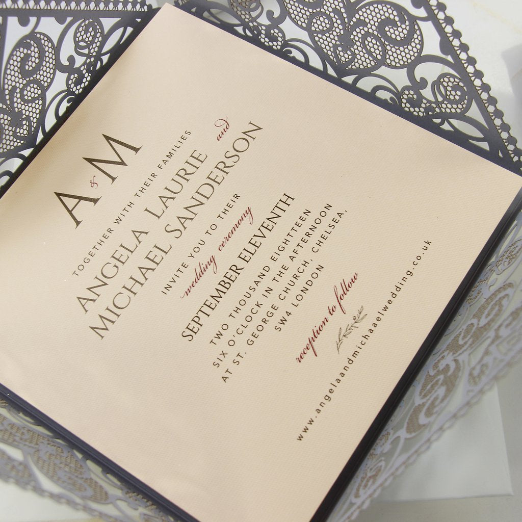 Grey Square Elegant Wedding Invitations with Peach Insert and Gold Glitter