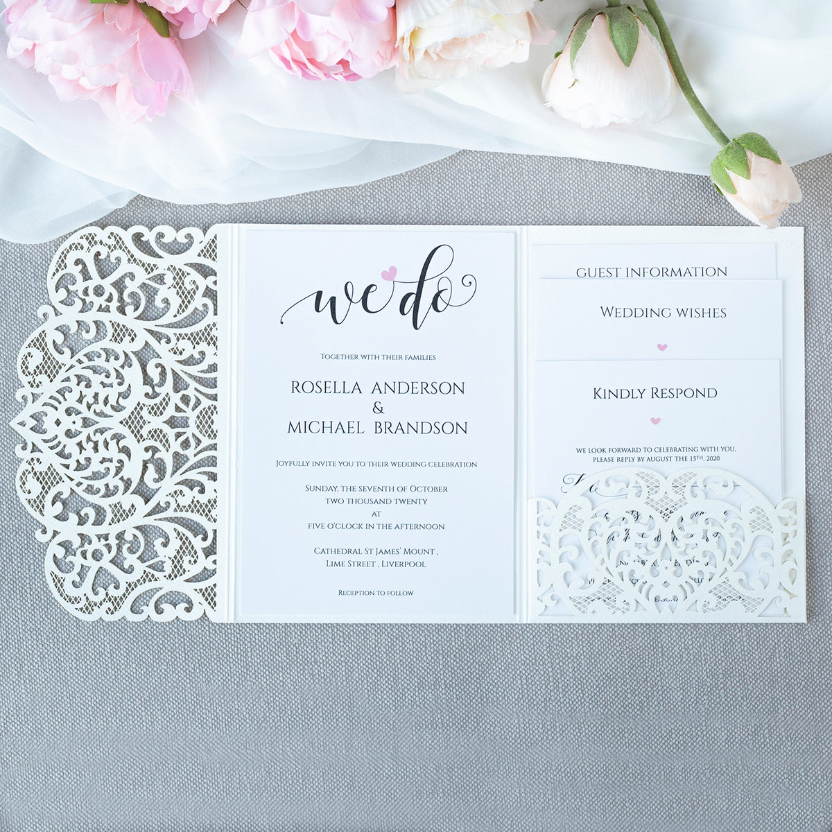 Ivory Pocketfold Lace White Wedding Invitations