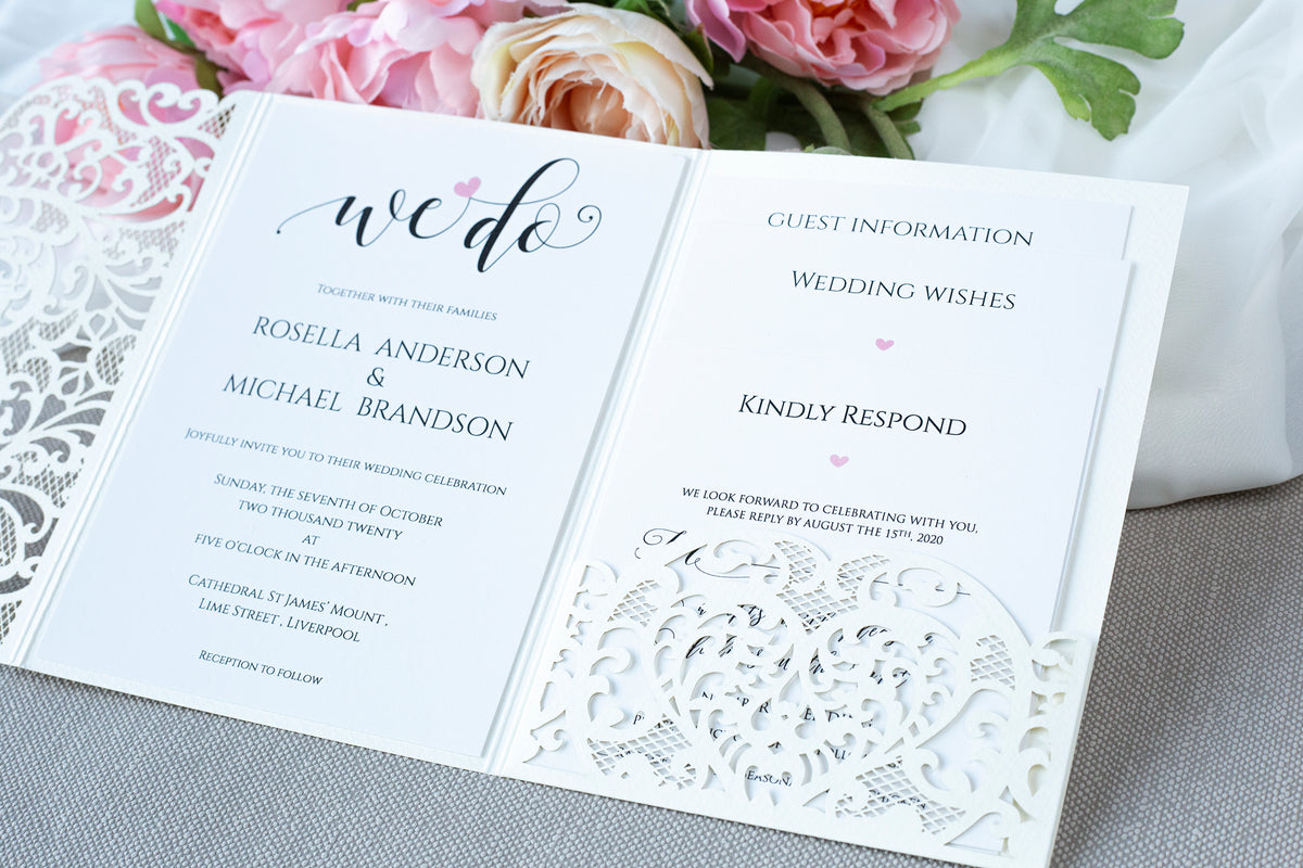 Ivory Pocketfold Lace White Wedding Invitations