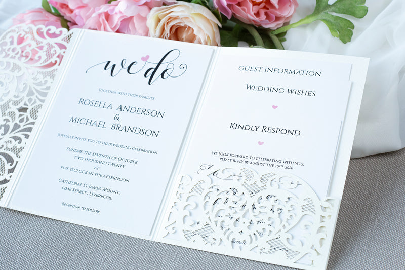 Ivory Pocketfold Lace White Wedding Invitations