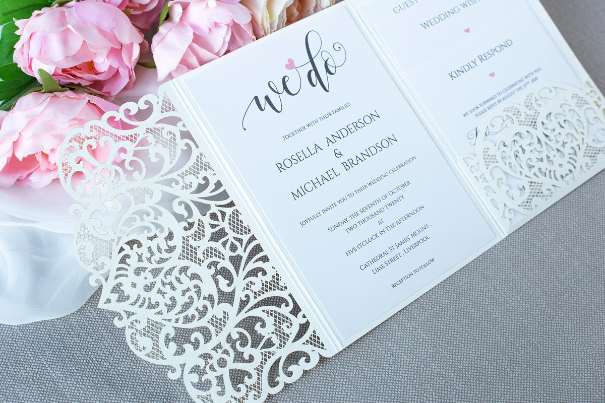 Ivory Pocketfold Lace White Wedding Invitations