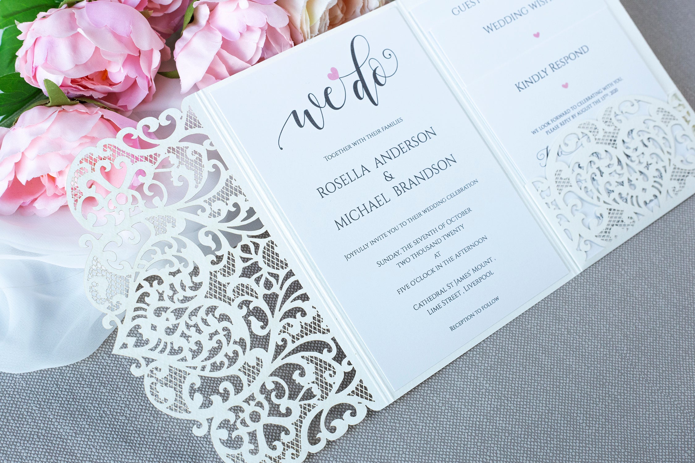 Ivory Pocketfold Lace White Wedding Invitations