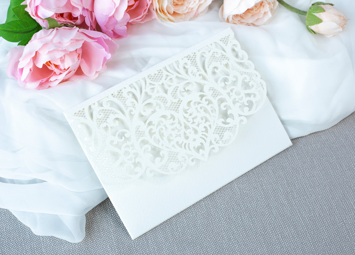 Ivory Pocketfold Lace White Wedding Invitations