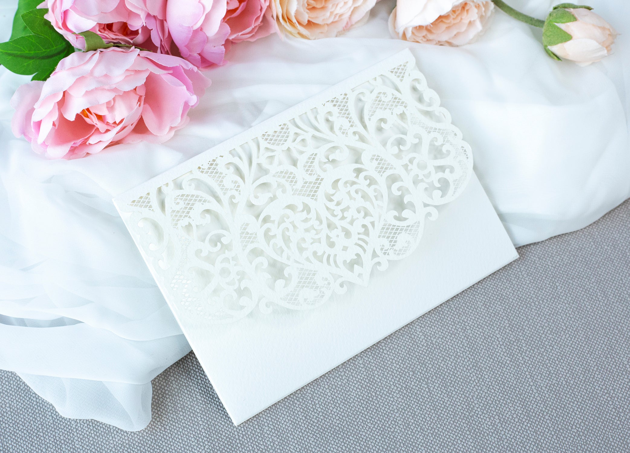 Ivory Pocketfold Lace White Wedding Invitations