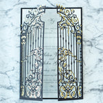 Elegant Black Monogram Ornamental Gatefold Laser Cut Wedding Day Invitation with Gold Foil