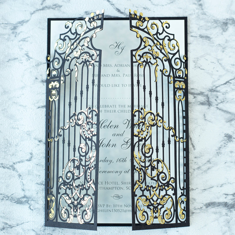 Personalised Elegant Black Monogram Ornamental Gatefold Laser Cut Wedding Day Invitation with Gold Foil
