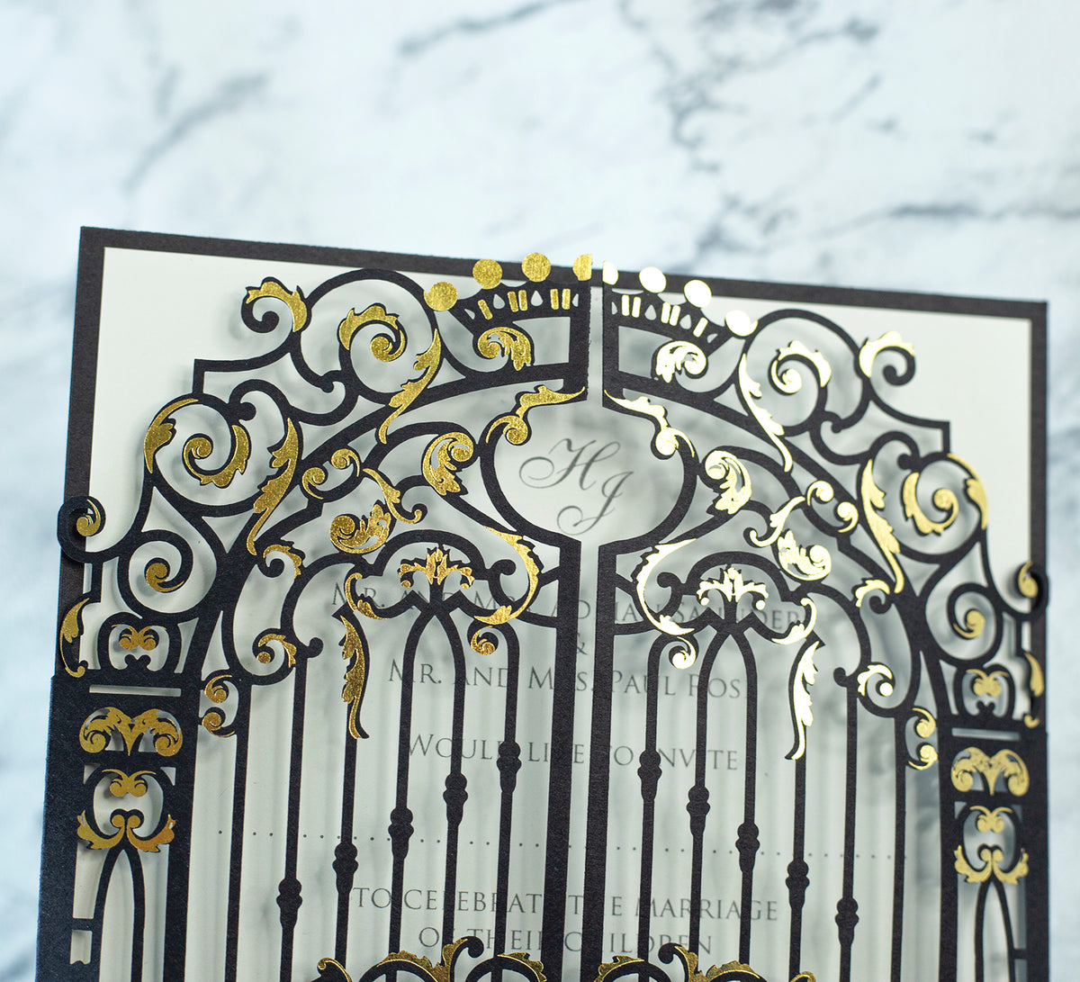Elegant Black Monogram Ornamental Gatefold Laser Cut Wedding Day Invitation with Gold Foil