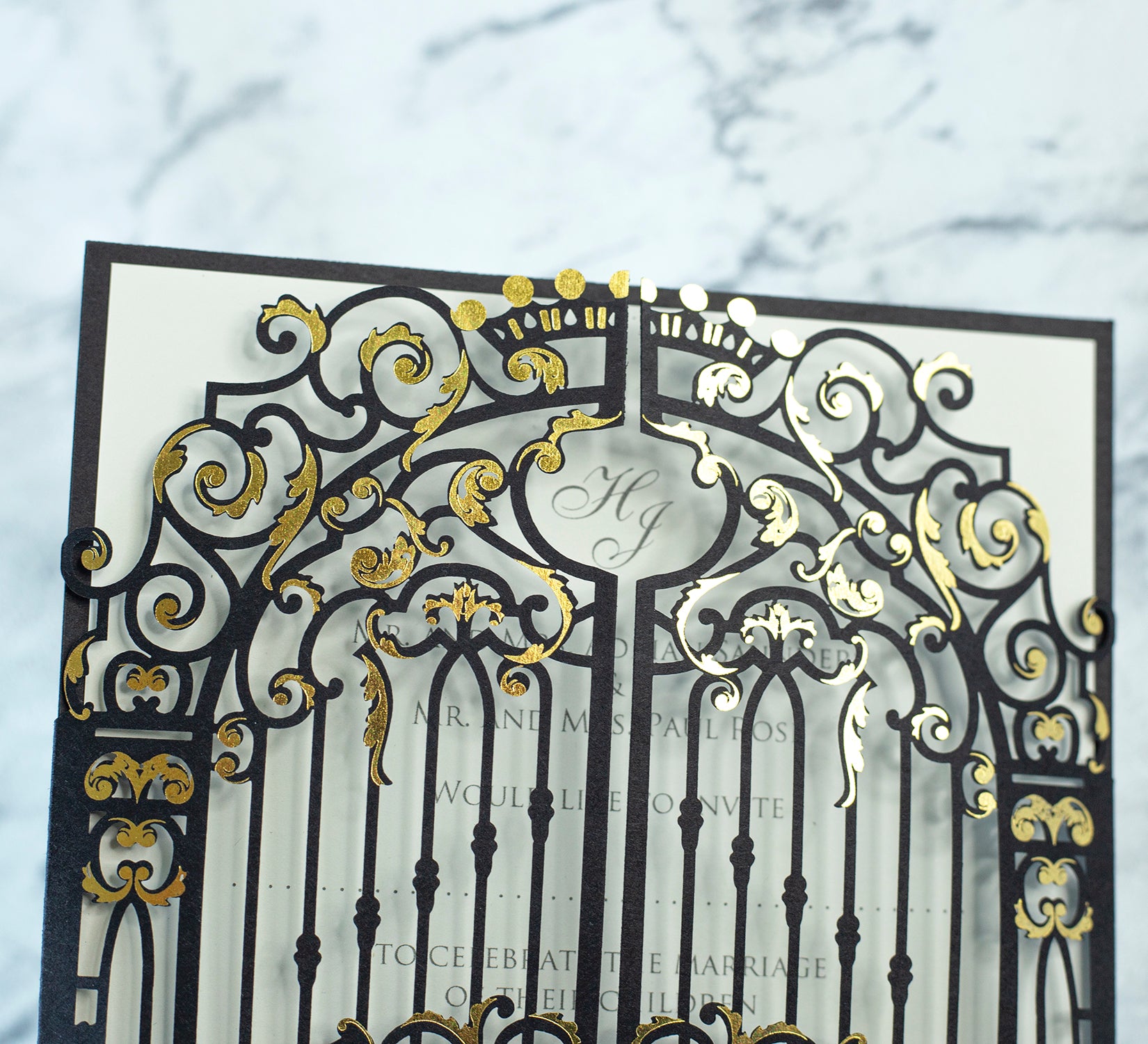 Personalised Elegant Black Monogram Ornamental Gatefold Laser Cut Wedding Day Invitation with Gold Foil