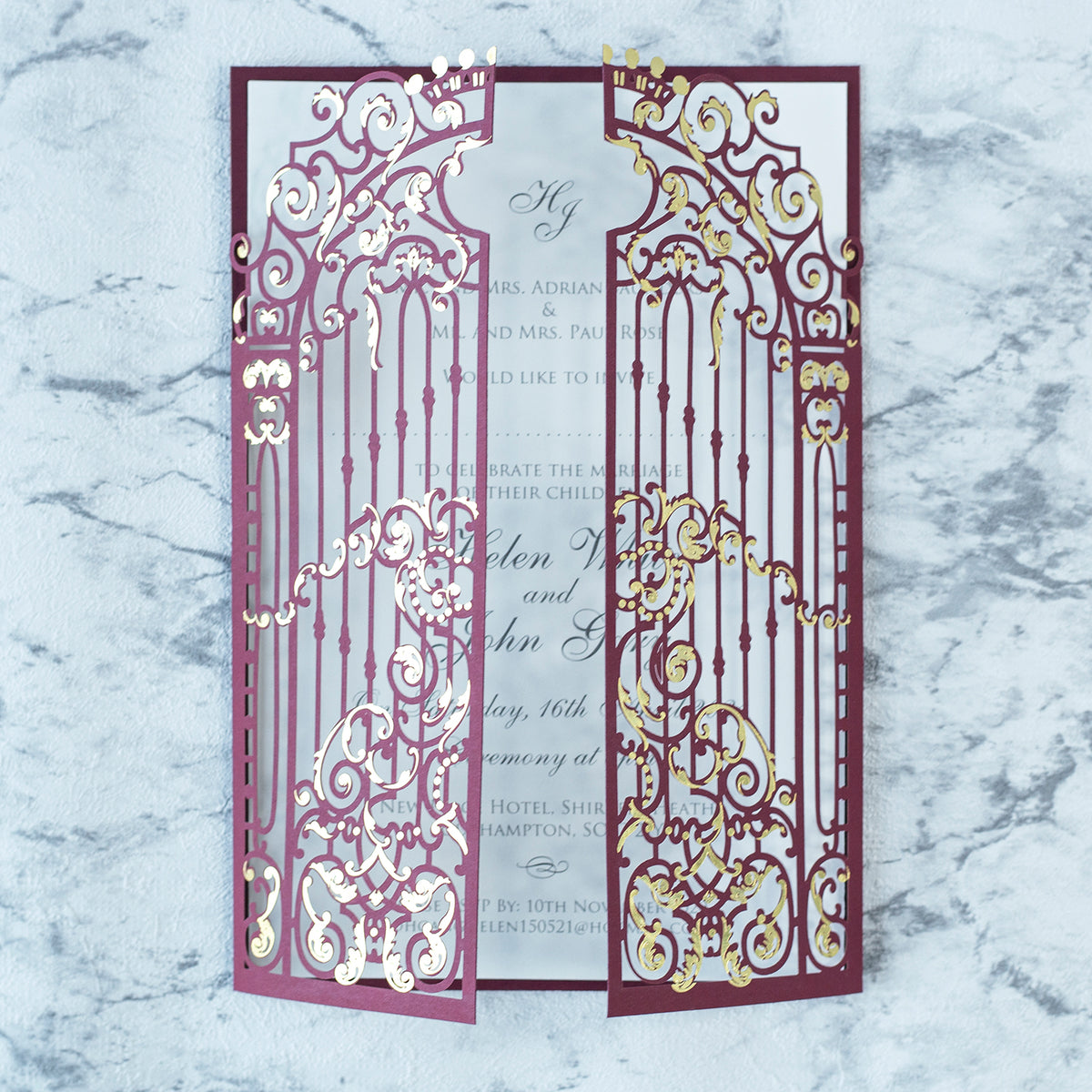 Elegant Burgundy Monogram Ornamental Gatefold Laser Cut Wedding Day Invitations with Gold Foil