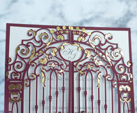 Elegant Burgundy Monogram Ornamental Gatefold Laser Cut Wedding Day Invitations with Gold Foil