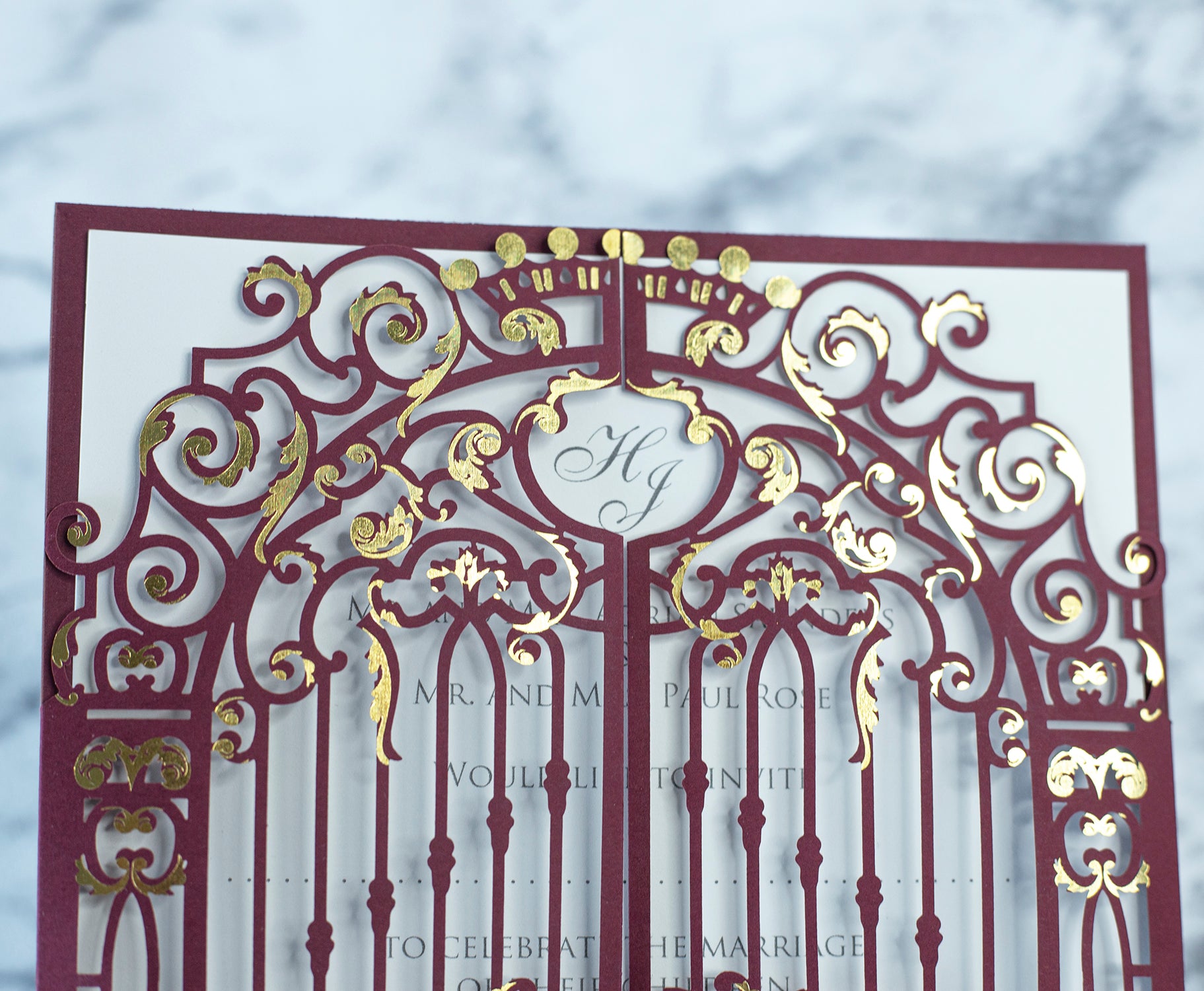 Elegant Burgundy Monogram Ornamental Gatefold Laser Cut Wedding Day Invitations with Gold Foil