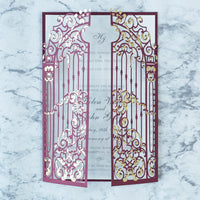 Personalised Elegant Burgundy Monogram Ornamental Gatefold Laser Cut Wedding Day Invitation with Gold Foil