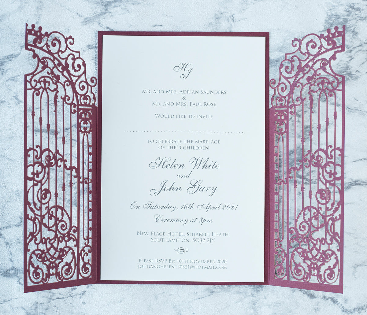 Personalised Elegant Burgundy Monogram Ornamental Gatefold Laser Cut Wedding Day Invitation with Gold Foil