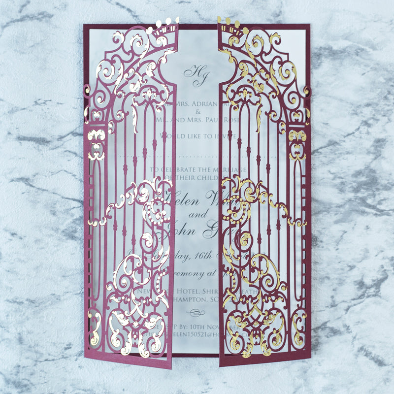 Elegant Burgundy Monogram Ornamental Gatefold Laser Cut Wedding Day Invitations with Gold Foil