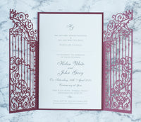 Elegant Burgundy Monogram Ornamental Gatefold Laser Cut Wedding Day Invitations with Gold Foil