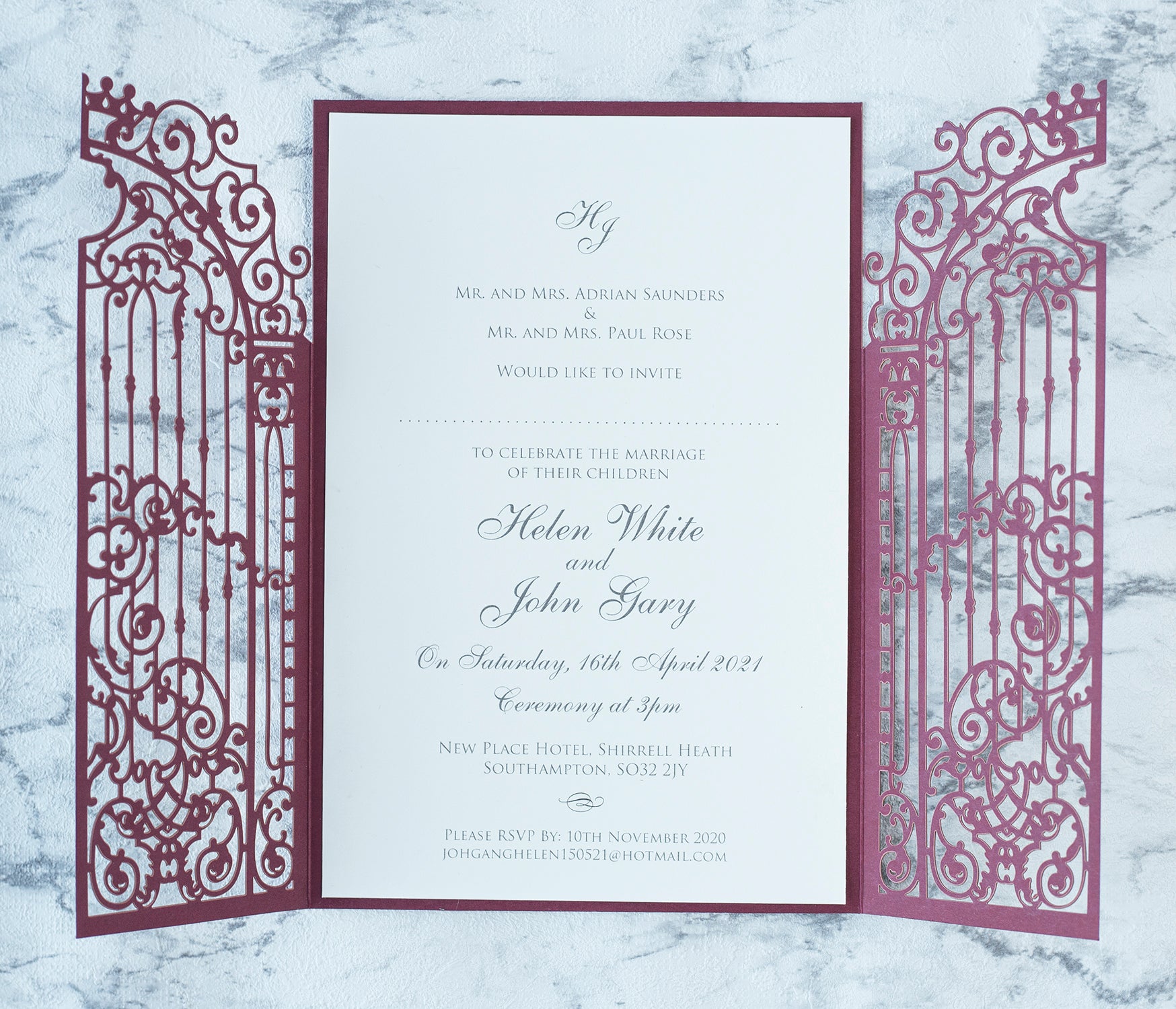 Elegant Burgundy Monogram Ornamental Gatefold Laser Cut Wedding Day Invitations with Gold Foil