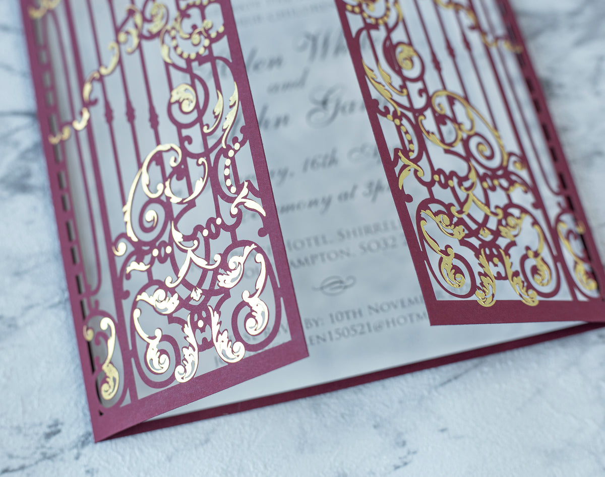 Elegant Burgundy Monogram Ornamental Gatefold Laser Cut Wedding Day Invitations with Gold Foil