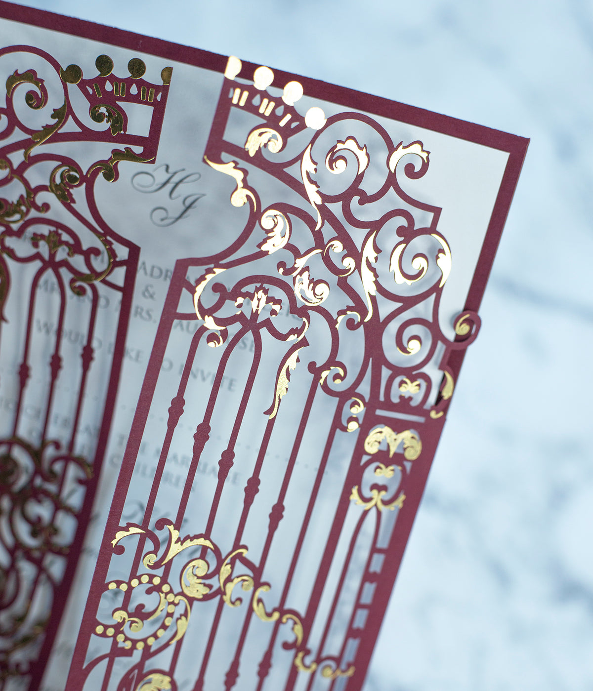 Elegant Burgundy Monogram Ornamental Gatefold Laser Cut Wedding Day Invitations with Gold Foil