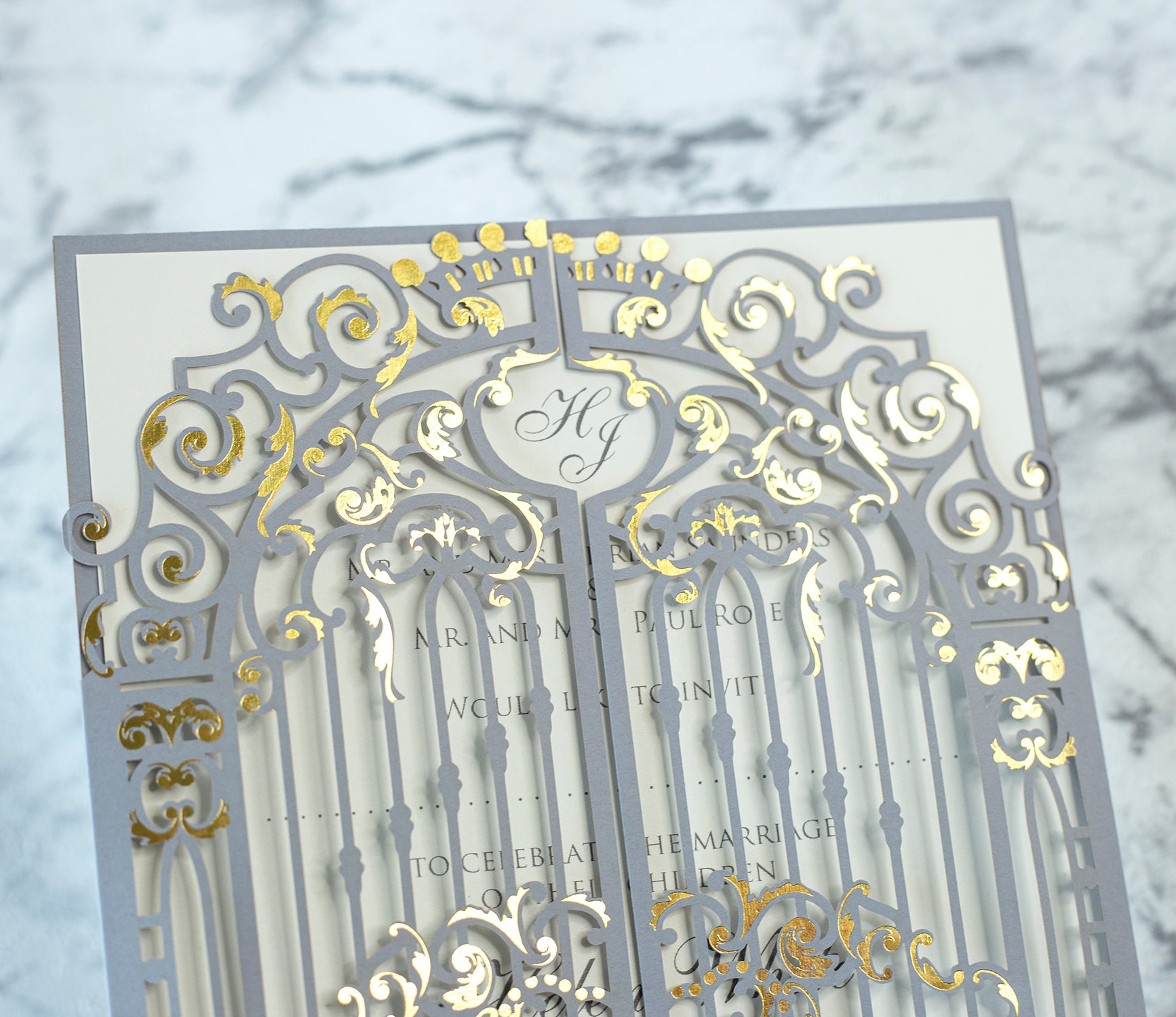 Elegant Gray Monogram Ornamental Gatefold Laser Cut Wedding Day Invitation with Gold Foil