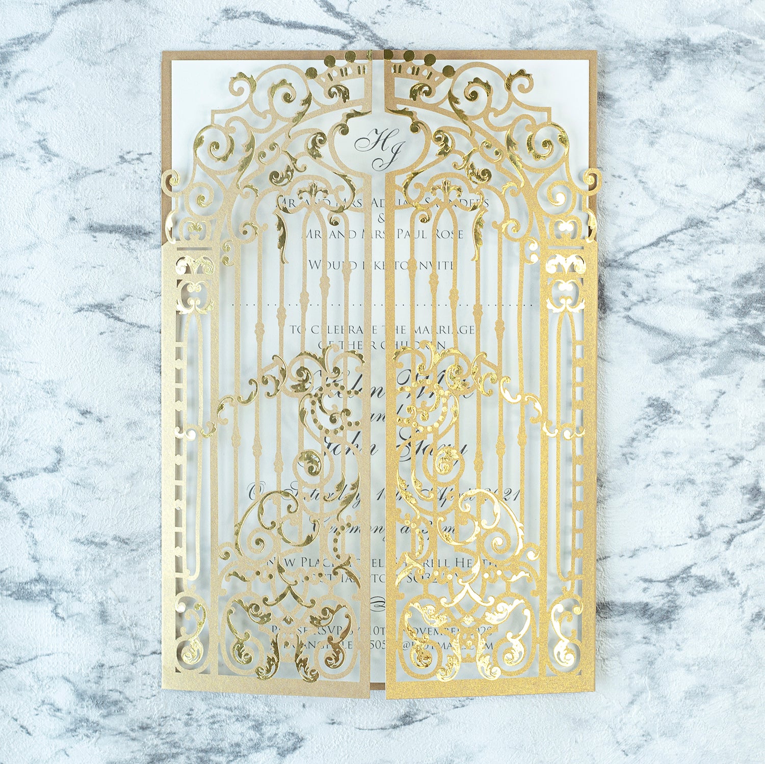 Elegant Gold Monogram Ornamental Gatefold Laser Cut Wedding Day Invitations with Gold Foil