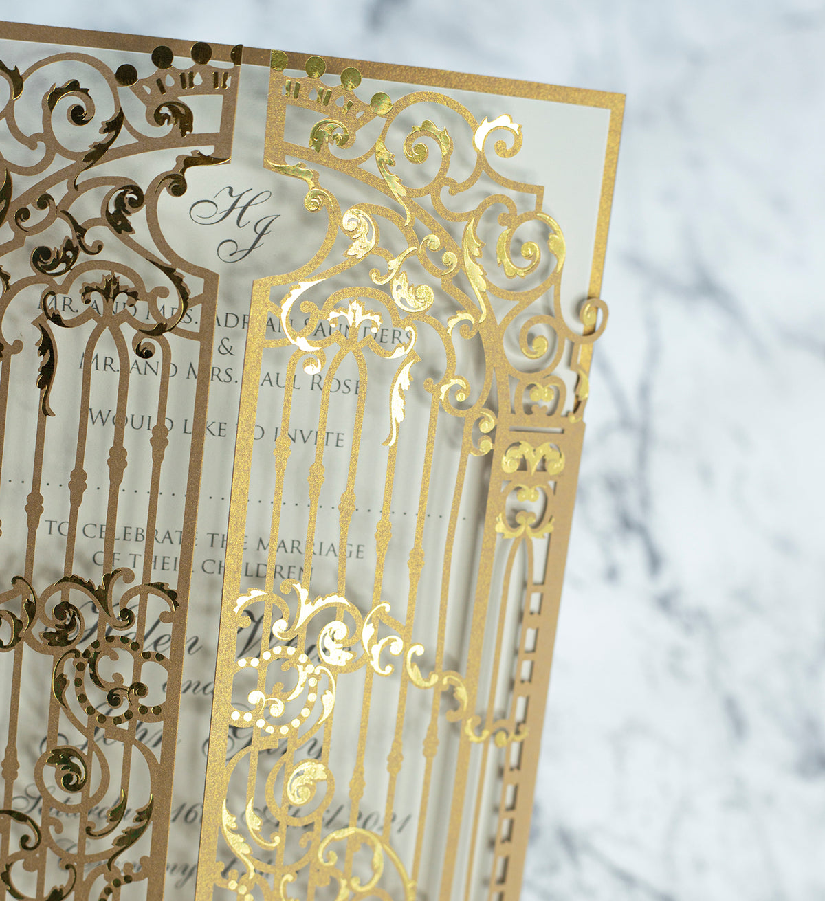 Elegant Gold Monogram Ornamental Gatefold Laser Cut Wedding Day Invitations with Gold Foil