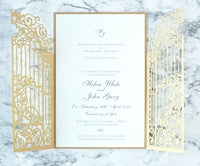 Elegant Gold Monogram Ornamental Gatefold Laser Cut Wedding Day Invitations with Gold Foil