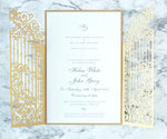 Elegant Gold Monogram Ornamental Gatefold Laser Cut Wedding Day Invitations with Gold Foil