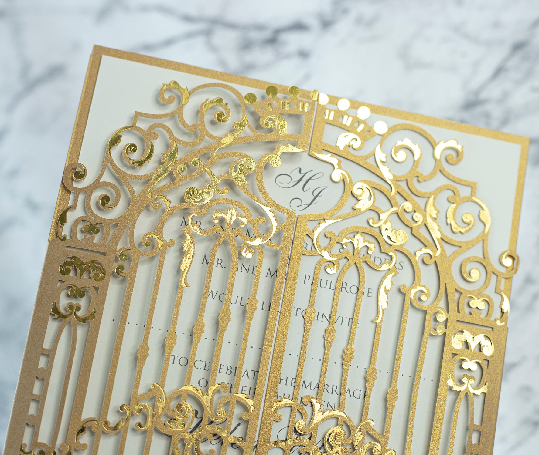 Elegant Gold Monogram Ornamental Gatefold Laser Cut Wedding Day Invitations with Gold Foil