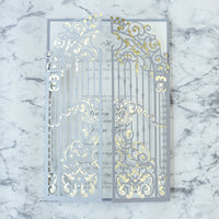 Elegant Gray Monogram Ornamental Gatefold Laser Cut Wedding Day Invitation with Gold Foil