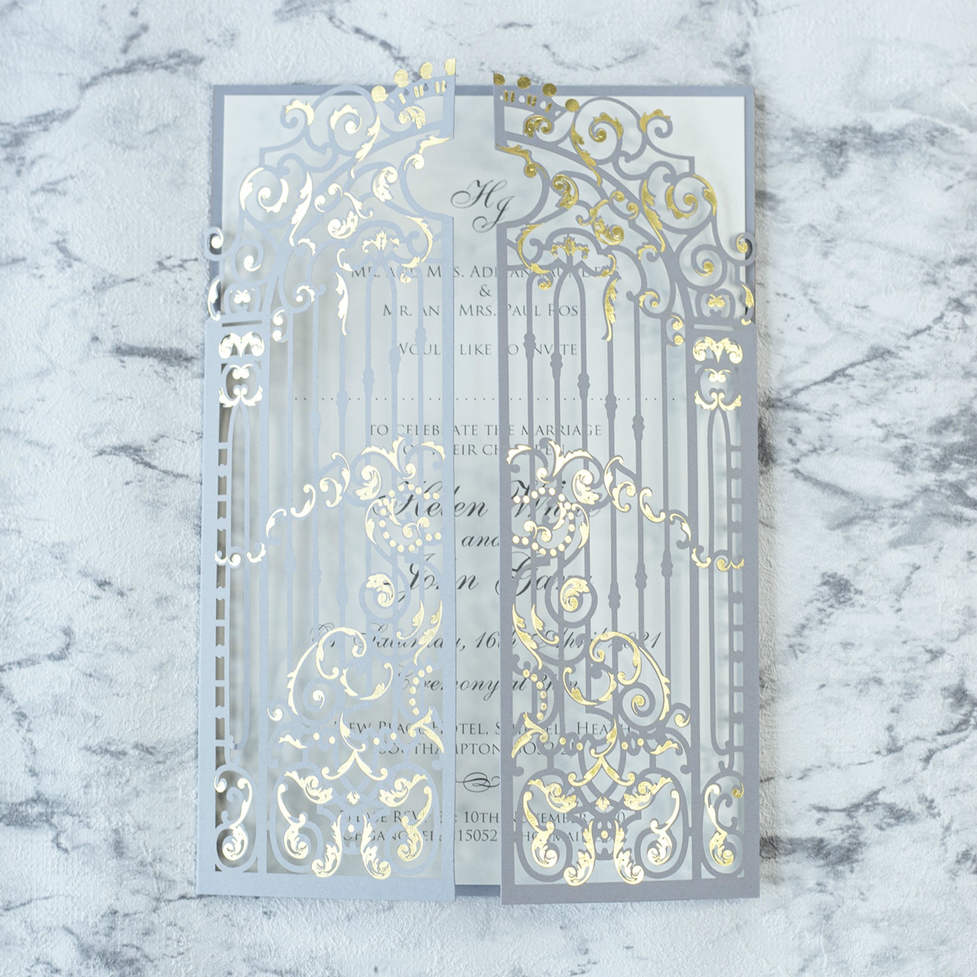 Elegant Gray Monogram Ornamental Gatefold Laser Cut Wedding Day Invitation with Gold Foil