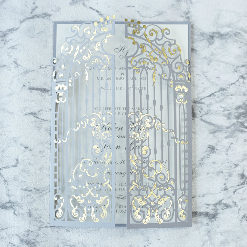 Personalised Elegant Gray Monogram Ornamental Gatefold Laser Cut Wedding Day Invitation with Gold Foil