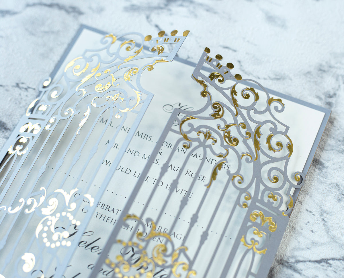 Elegant Gray Monogram Ornamental Gatefold Laser Cut Wedding Day Invitation with Gold Foil