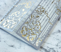 Elegant Gray Monogram Ornamental Gatefold Laser Cut Wedding Day Invitation with Gold Foil