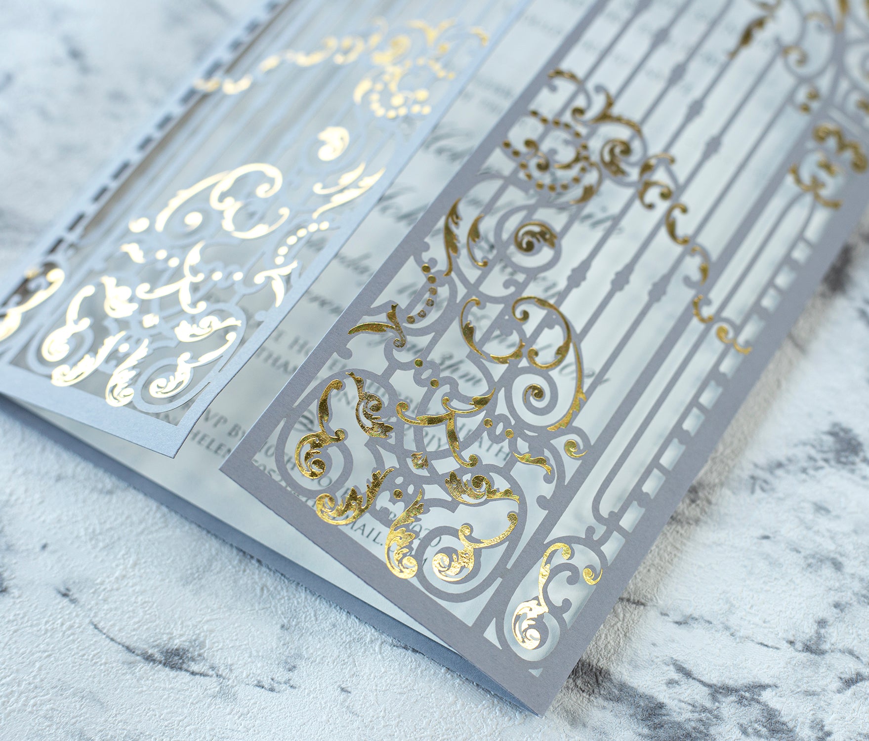 Elegant Gray Monogram Ornamental Gatefold Laser Cut Wedding Day Invitation with Gold Foil